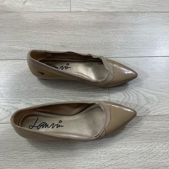 LANVIN TAN PATENT LEATHER POINTED TOE FLATS WITH RIBBON TRIM SIZE 36 - Picture 13 of 16